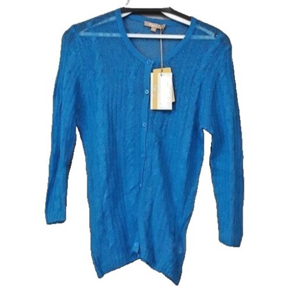 Kier +‎ J Womens Linen Cardigan Medium Blue Open Knit Button Front Timeless NWT